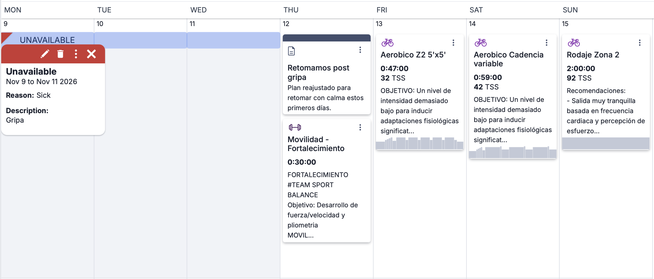 Semana de retoma tras una gripa reajustada en TrainingPeaks